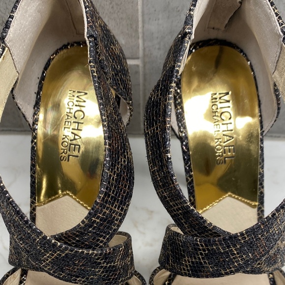 Michael Kors Leopard Textured Platform Heels Black Gold Size 7 - Picture 2 of 11
